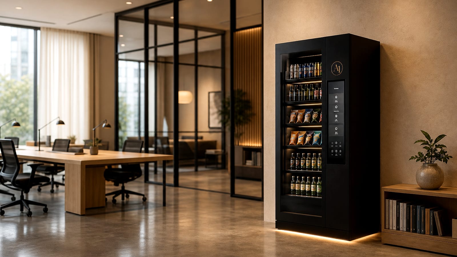Amenity One unit in a coworking lounge with shared work tables and soft seating.