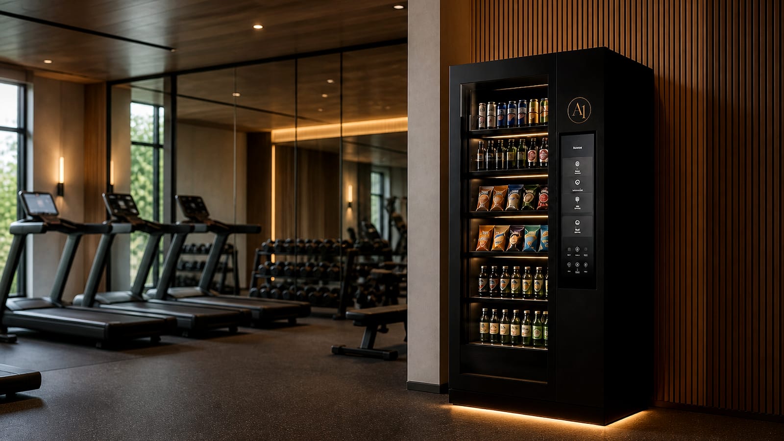 Amenity One unit on the floor of a building fitness room beside cardio equipment.