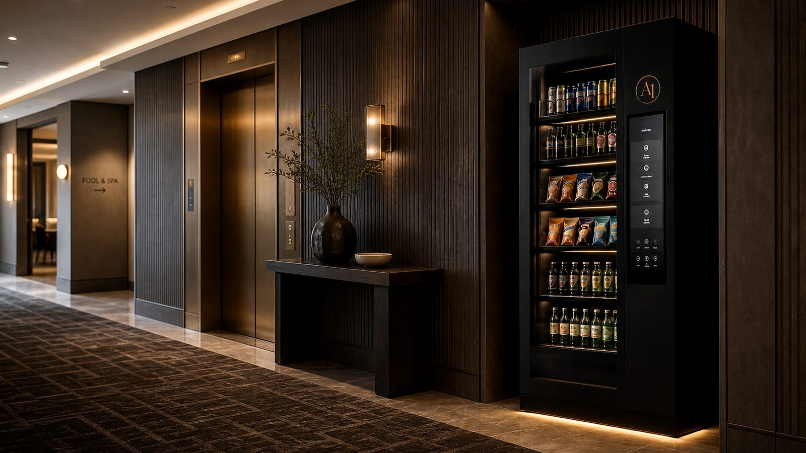 Amenity One unit on a hotel and condo amenity floor near a pool deck lounge.