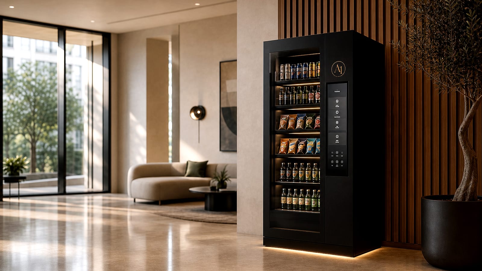 Amenity One unit installed beside the concierge desk of a residential lobby.