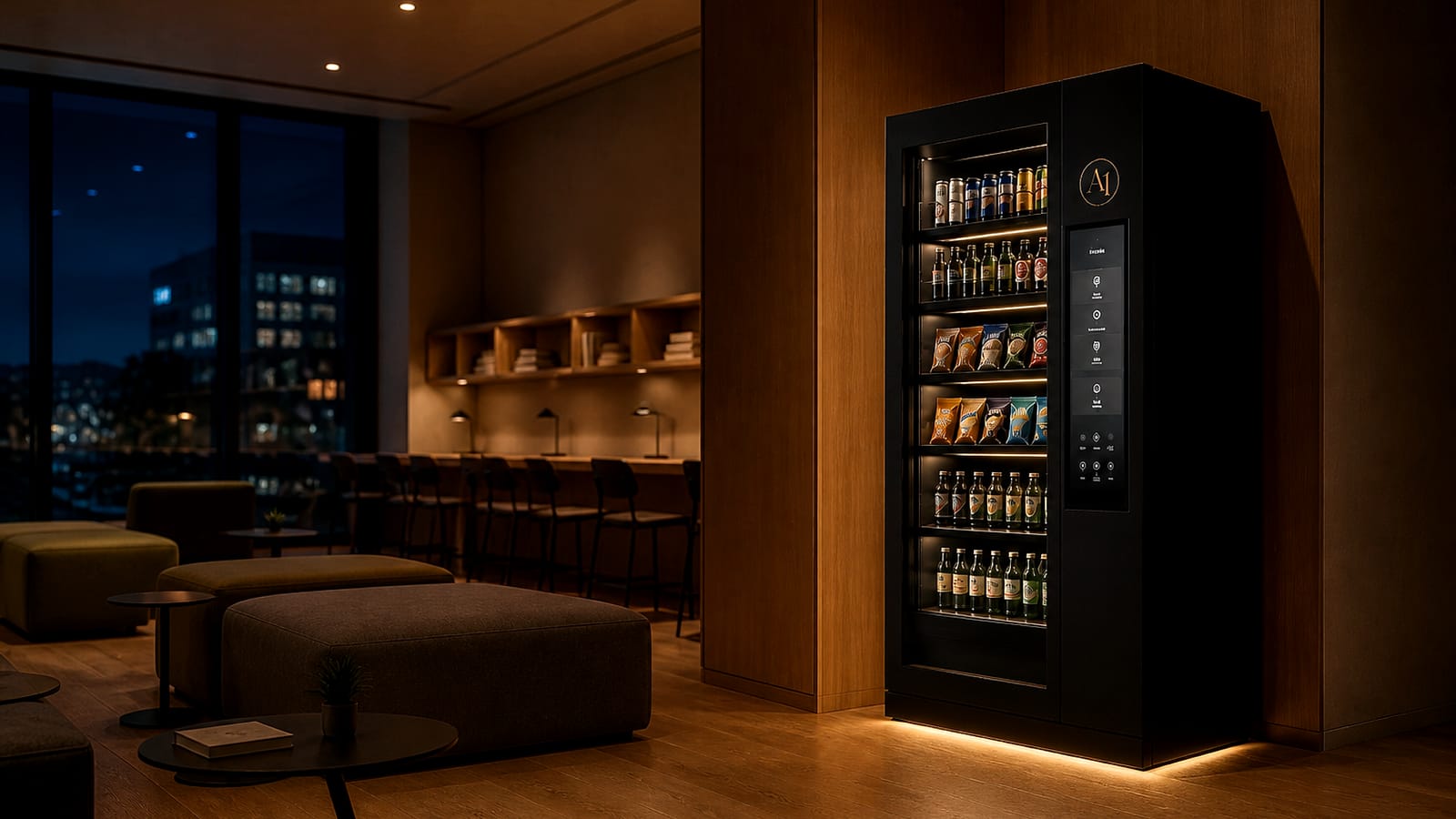 Amenity One unit in the common area of a student residence at night.